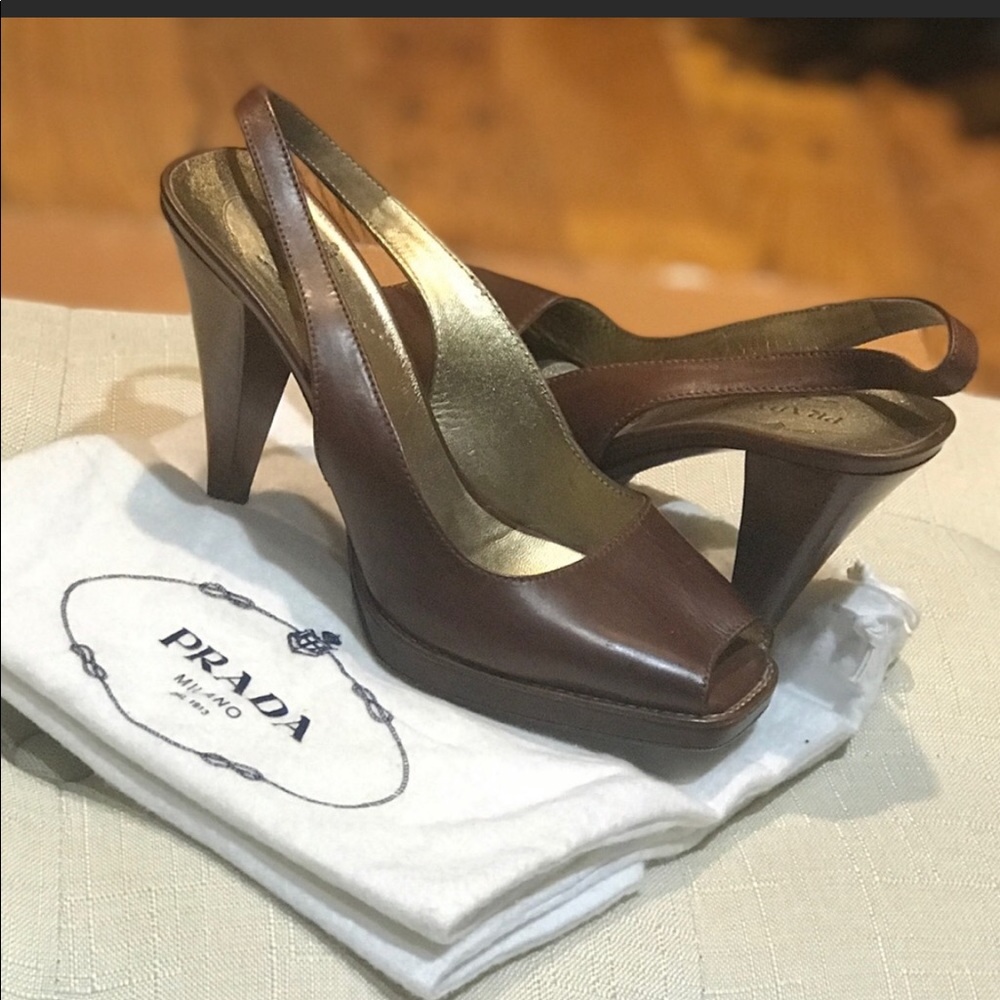 PRADA Brown Leather Slingback Heels Shoes